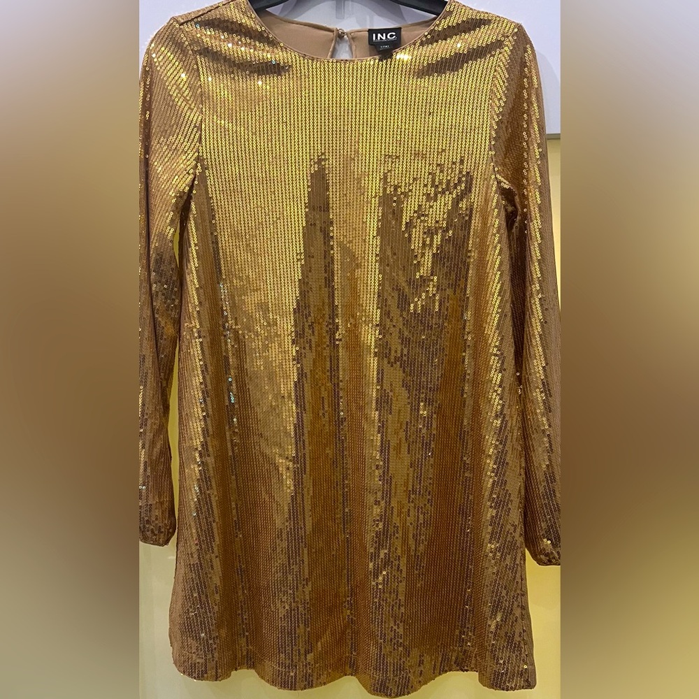 Inc International Women's Long-Sleeve Sequin Mini Dress, Gold Jrs L (14)